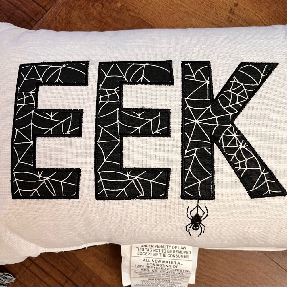 Brand new Halloween EEK! Pillow w/tassels black white spider webs rectangle - Picture 2 of 7